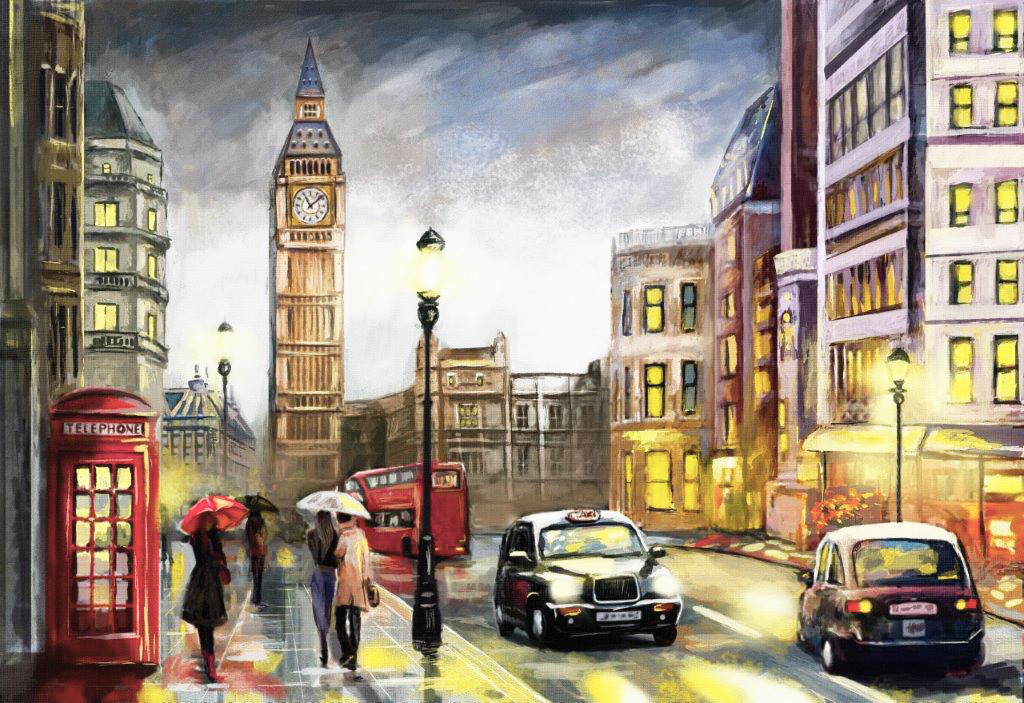 PXM007 Wall décor art oil on canvas street scene London red brown tones